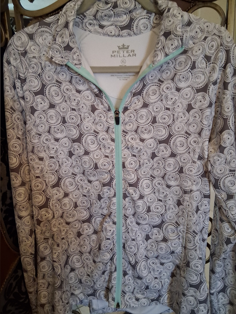 Peter Millar Gray & White Printed Zip Jacket with Mint Trim